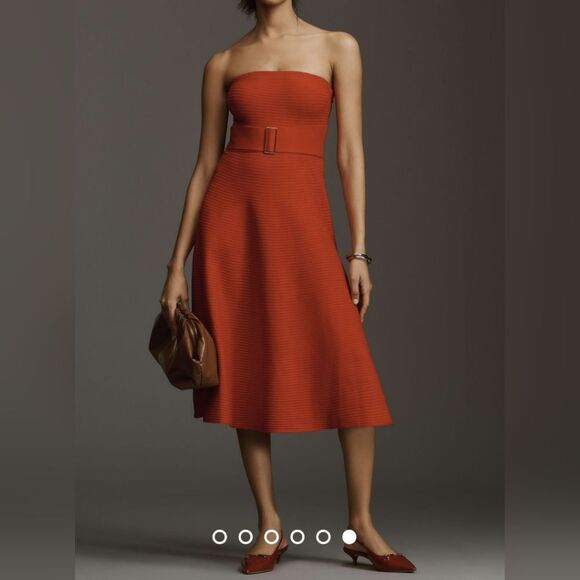 NWT Anthropologie red Strapless belted open back A-line Midi Sweater Dress sz L - Picture 4 of 16